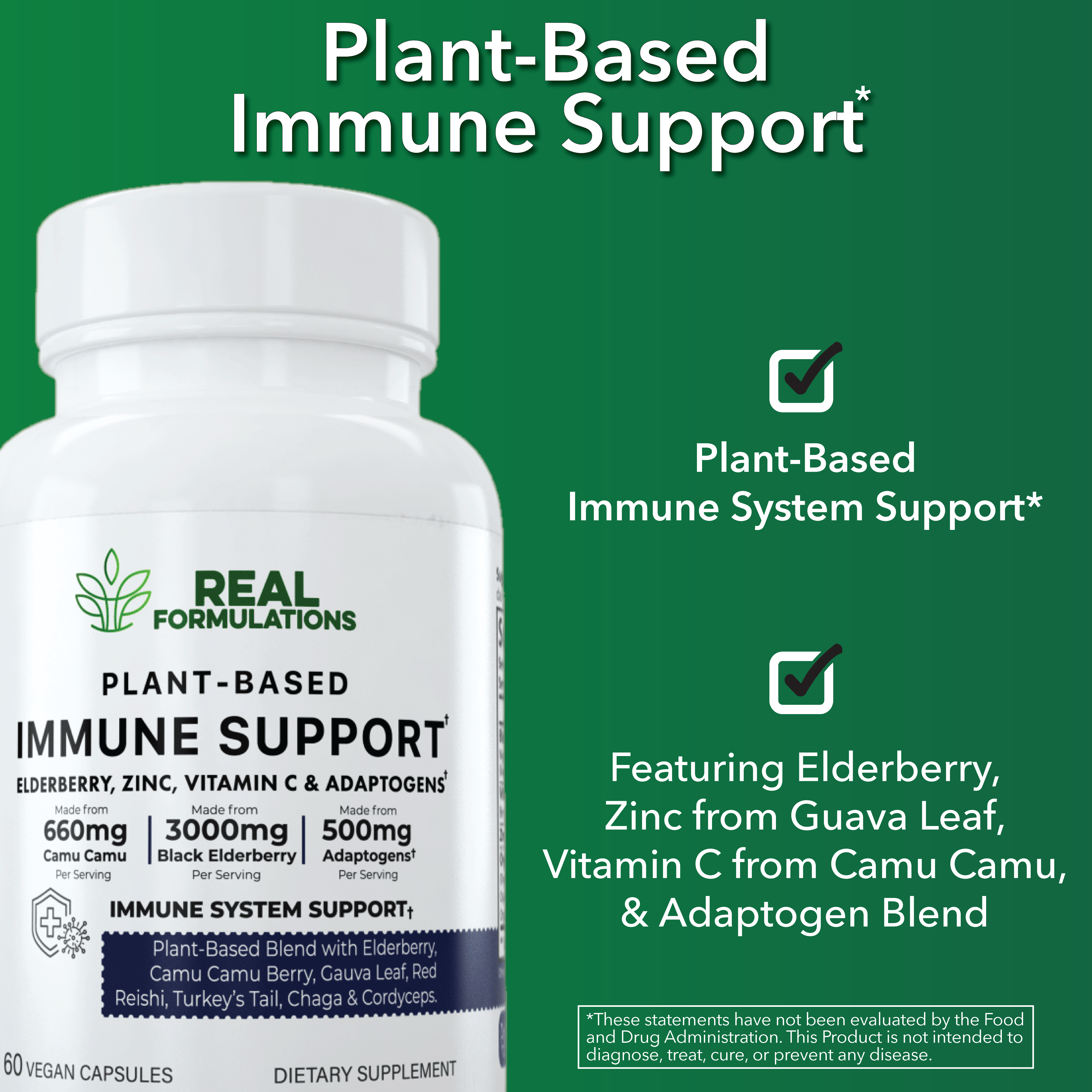 Plant-Based Immunity Vitamin C, Elderberry, Zinc & Adaptogens Capsules