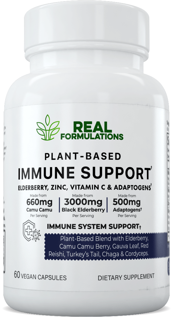 Real Formulations Plant-Based Immune Support.* A blend of Black Elderberry Extract, Wholefood Vitamin C from Camu Camu Berry, Plant-based Zinc from Guava Leaf Extract, Red Reishi, Turkey's Tail, Chaga, Cordyceps Militaris, Ginger Root & Black pepper.