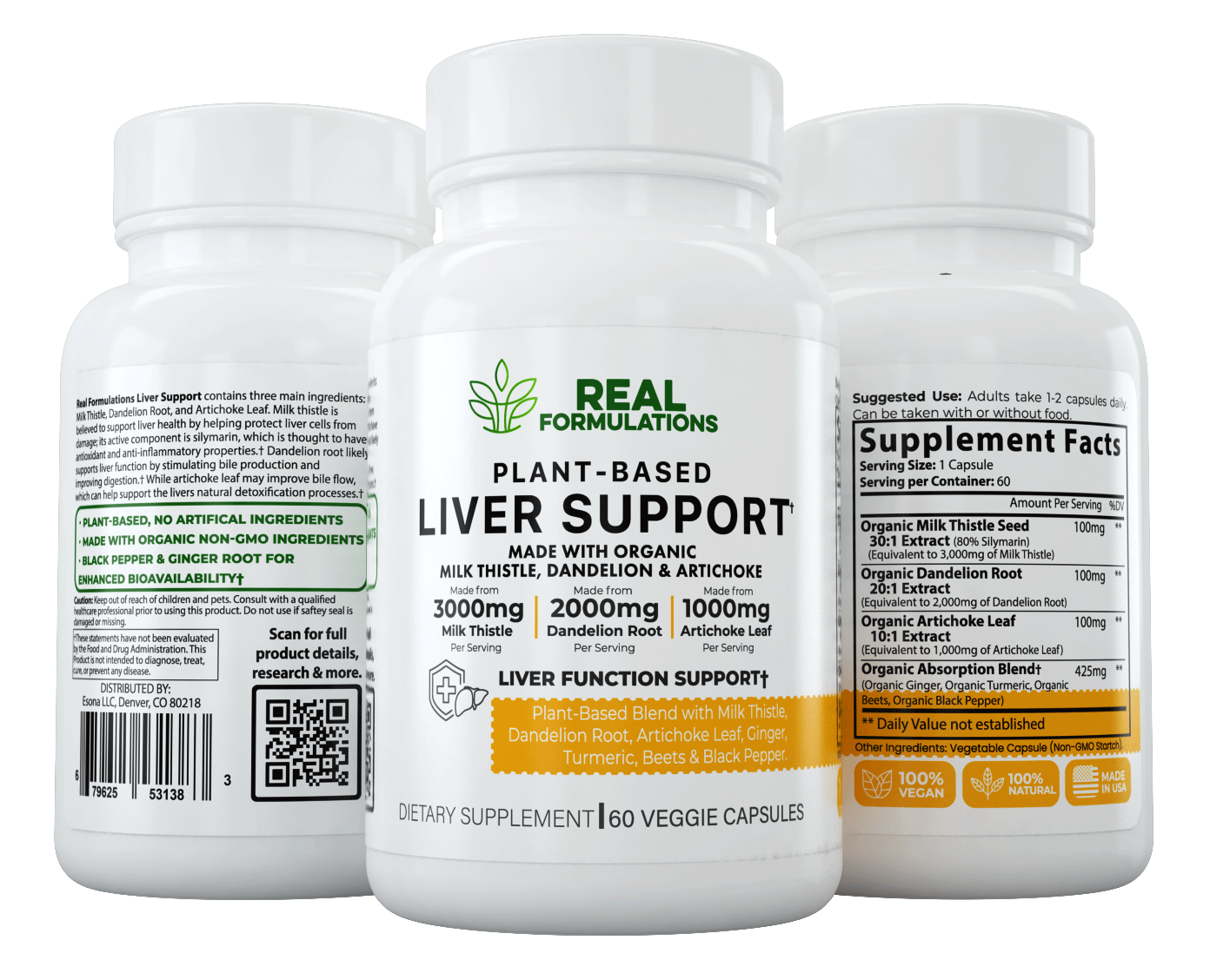 Real Formulations Plant-Based Liver Support.* A blend of Milk Thistle Seed Extract, Dandelion Root Extract, Artichoke Leaf Extract, Ginger Root, Turmeric, Beets & Black pepper.