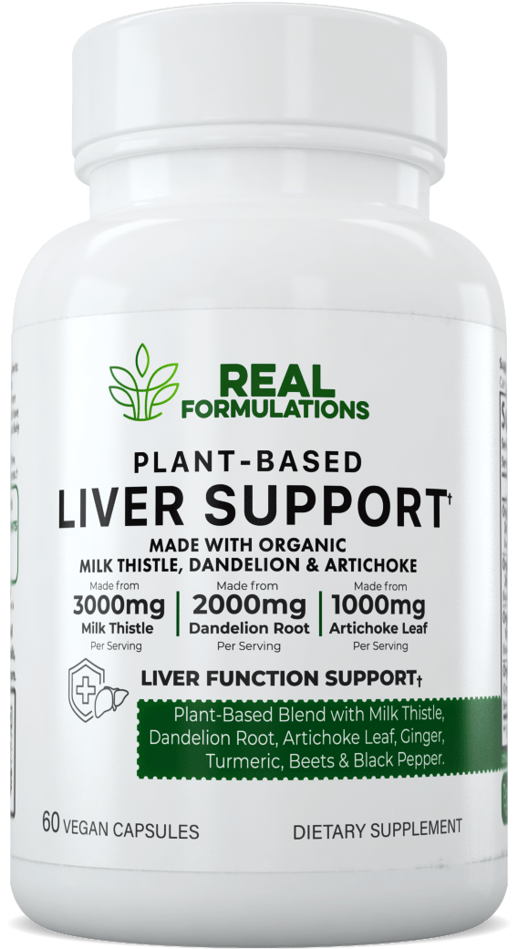 Real Formulations Plant-Based Liver Support.* A blend of Milk Thistle Seed Extract, Dandelion Root Extract, Artichoke Leaf Extract, Ginger Root, Turmeric, Beets & Black pepper.