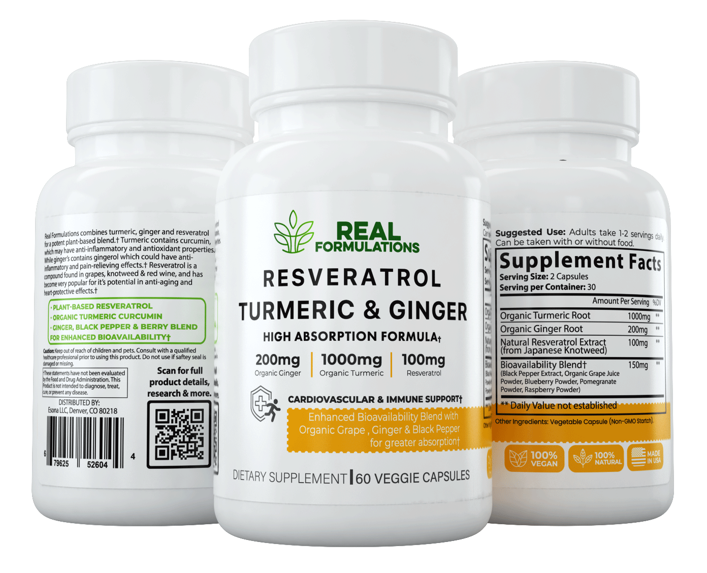 Real Formulations Turmeric with Resveratrol and Ginger Capsules. A blend of Turmeric Root, Ginger Root, Natural Resveratrol (from Japanese Knotweed), Black Pepper Extract, Grape Juice Powder, Blueberry, Pomegranate & Raspberry.