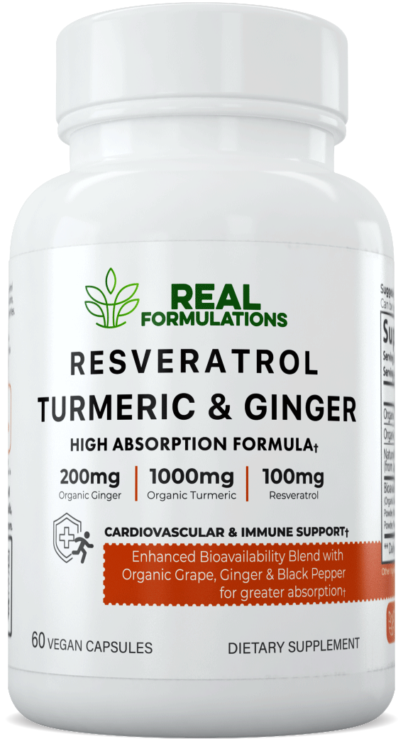 Real Formulations Turmeric with Resveratrol and Ginger Capsules. A blend of Turmeric Root, Ginger Root, Natural Resveratrol (from Japanese Knotweed), Black Pepper Extract, Grape Juice Powder, Blueberry, Pomegranate & Raspberry.