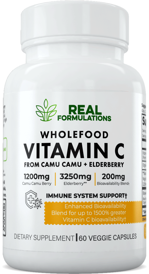 Real Formulations Wholefood Vitamin C. A blend of Camu Camu Berry, Black Elderberry Extract, Black Pepper Extract, Green Tea Extract (Caffeine-free), Organic blueberry, Organic Blackberry & Organic Raspberry.