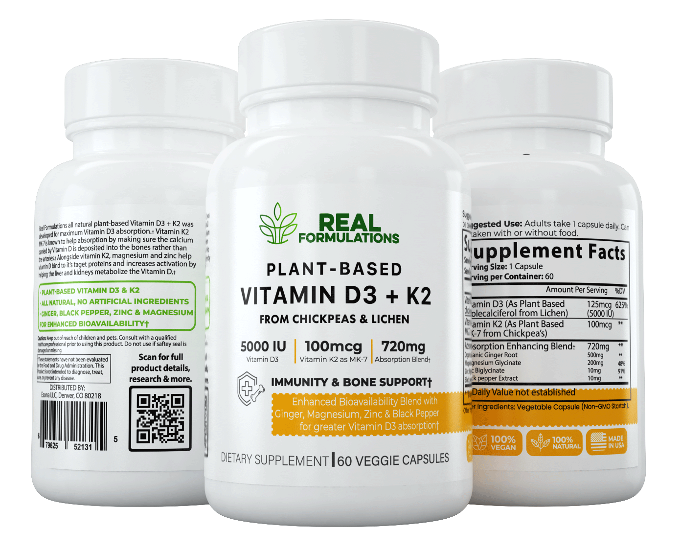 Real Formulations Plant-Based Vitamin D3 + K2. A blend of Plant-Based Vitamin D3 (from Lichen), Vitamin K2 (From Chickpea's), Ginger Root, Magnesium Glycinate, Zinc Biglycinate, and Black Pepper Extract.