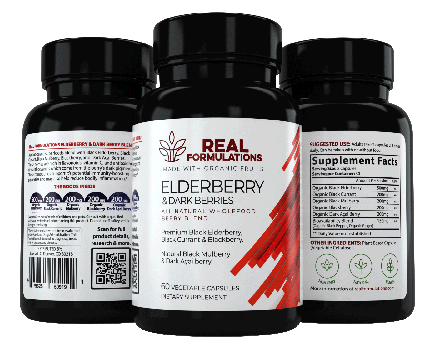 Real Formulations Elderberry & Darkberry Blend. A blend of Elderberry, Black Currant, Black Mulberry, Blackberry, Dark Açai Berry, Black Pepper & Ginger.