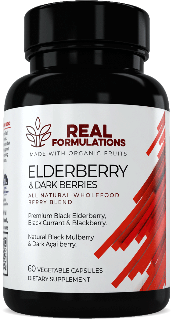 Real Formulations Wholefood Immunity Blend.* A blend of Red Reishi, Turkey's Tail, Chaga, Elderberry, Broccoli Sprouts, White Pepper, Black Pepper & Ginger.