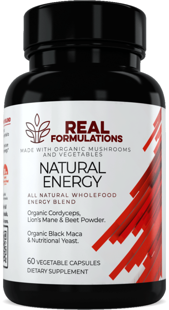 Real Formulations Natural Energy Blend.* A blend of Cordyceps Militaris, Lion's Mane, Beets, Black Maca, Nutritional Yeast.
