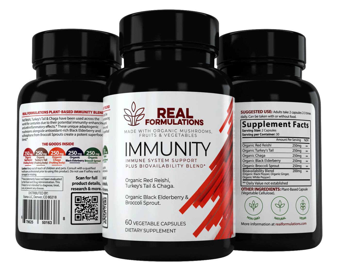 Real Formulations Wholefood Immunity Blend.* A blend of Red Reishi, Turkey's Tail, Chaga, Elderberry, Broccoli Sprouts, White Pepper, Black Pepper & Ginger.