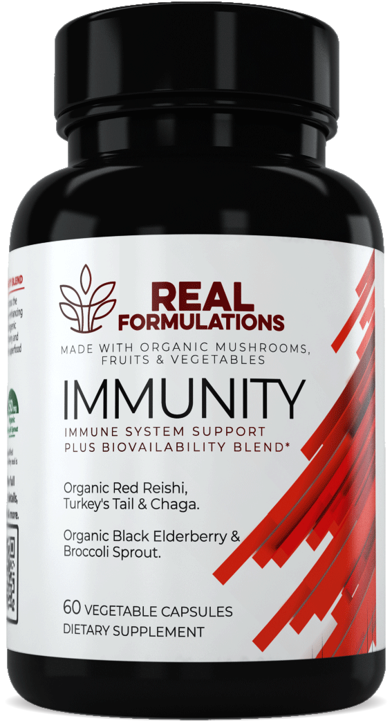 Real Formulations Wholefood Immunity Blend.* A blend of Red Reishi, Turkey's Tail, Chaga, Elderberry, Broccoli Sprouts, White Pepper, Black Pepper & Ginger.