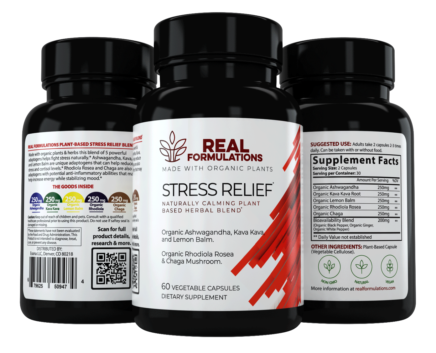 Real Formulations Stress Relief Supplement.* Made from Organic Ashwagandha, Kava Kava Root and Lemon Balm. It also is made with Organic Rhodiola Rosea and Chaga Mushroom.
