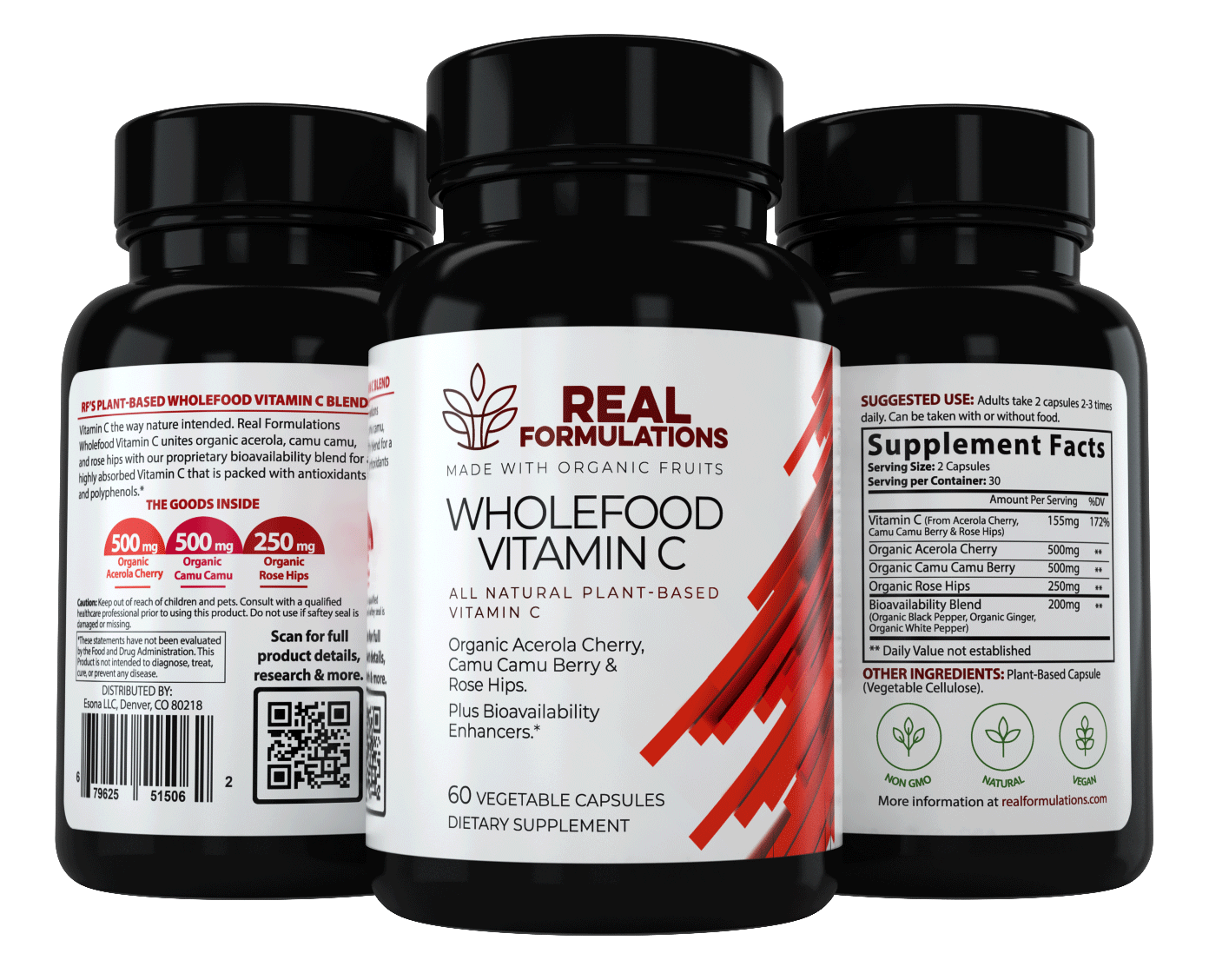 Real Formulations Wholefood Vitamin C Supplement. A blend of Acerola Cherry, Camu Camu Berry, Rose Hips, Ginger & Black Pepper.