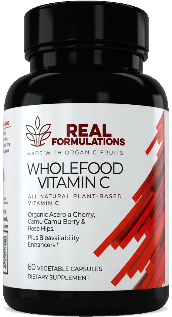 Real Formulations Wholefood Vitamin C Supplement. A blend of Acerola Cherry, Camu Camu Berry, Rose Hips, Ginger & Black Pepper.